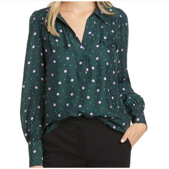 Kate Spade Pine Forest Green Pop Dots Blouse Size XS Silk Blend - Picture 1 of 15